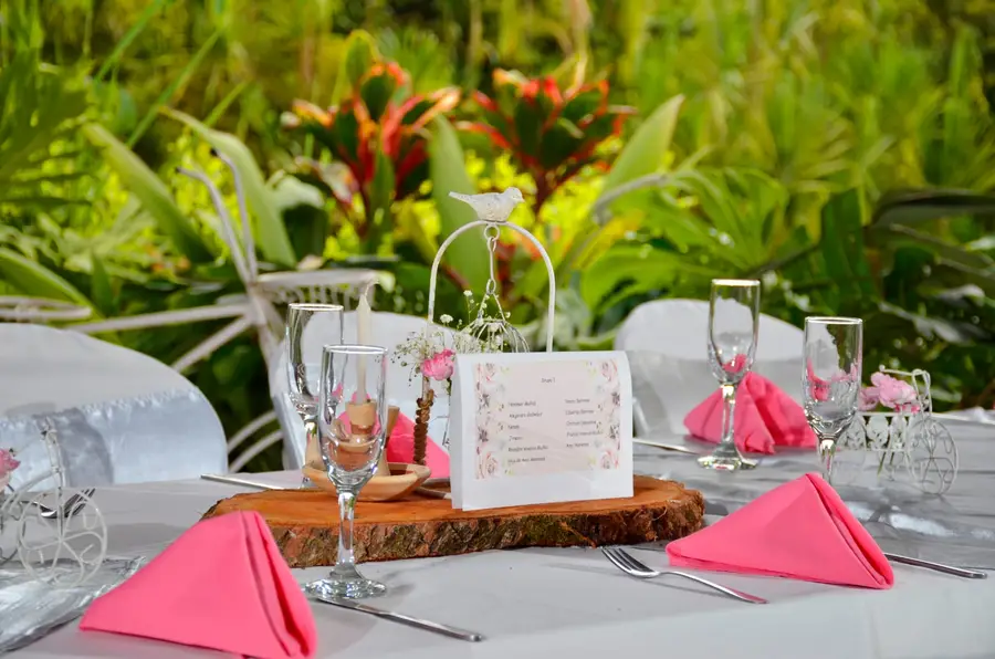 Mesa servida: servilletas fucsia, copas y un centro de mesa sobre una rodaja de madera, con el jardín detrás